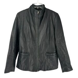 JLC New York Genuine Soft Leather Jacket Solid Black Womens Size M Full Zip Moto